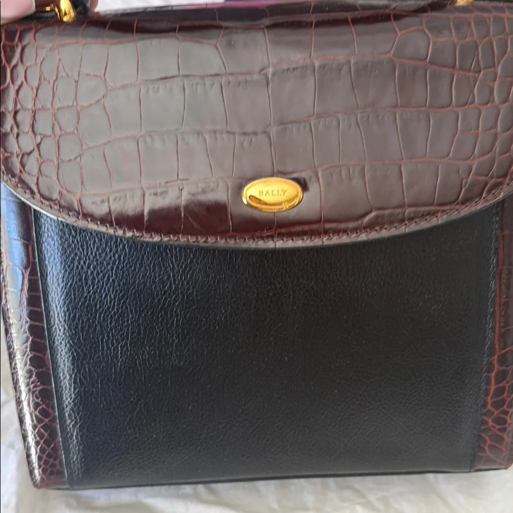 Bally Black and Dark Brown Croc-Trim Top Handle Crossbody